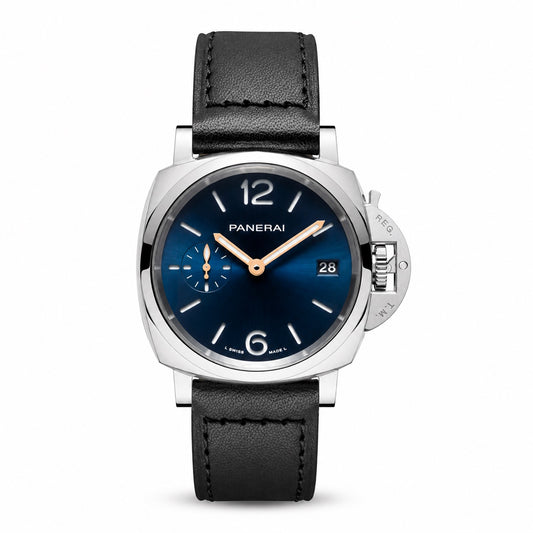 Panerai watch with black leather strap and blue dial 