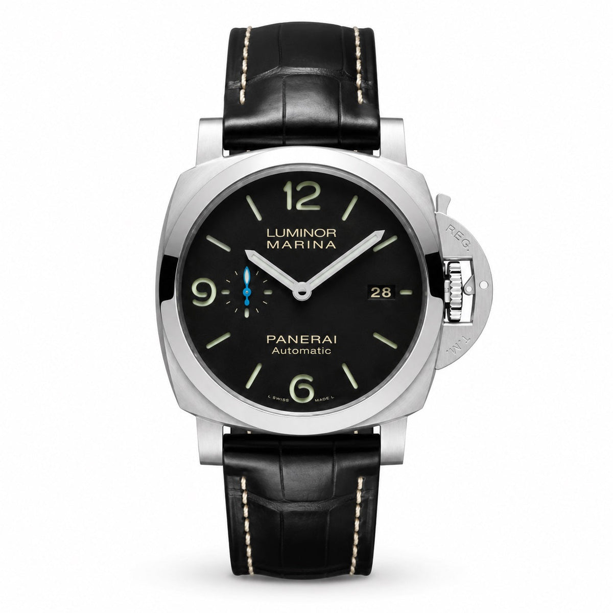 Panerai Luminor Marina Automatic watch with a black dial, small seconds subdial, date window, silver-tone case, and black leather strap.