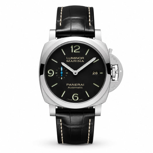 Panerai Luminor Marina Automatic watch with a black dial, small seconds subdial, date window, silver-tone case, and black leather strap.