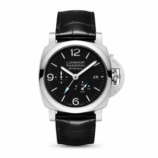 Panerai Luminor watch with black dial and leather strap