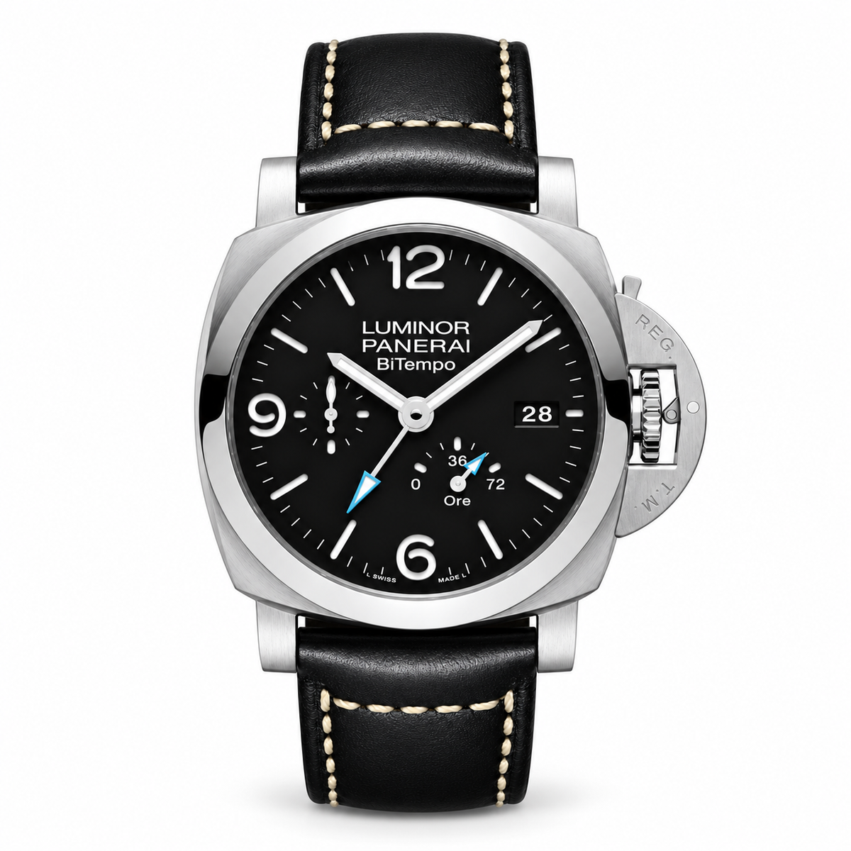 Panerai Luminor BiTempo watch with a black dial, silver-tone case, date display, blue-tipped hand, and black leather strap.