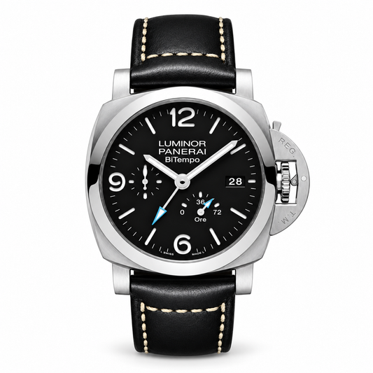 Panerai Luminor BiTempo watch with a black dial, silver-tone case, date display, blue-tipped hand, and black leather strap.