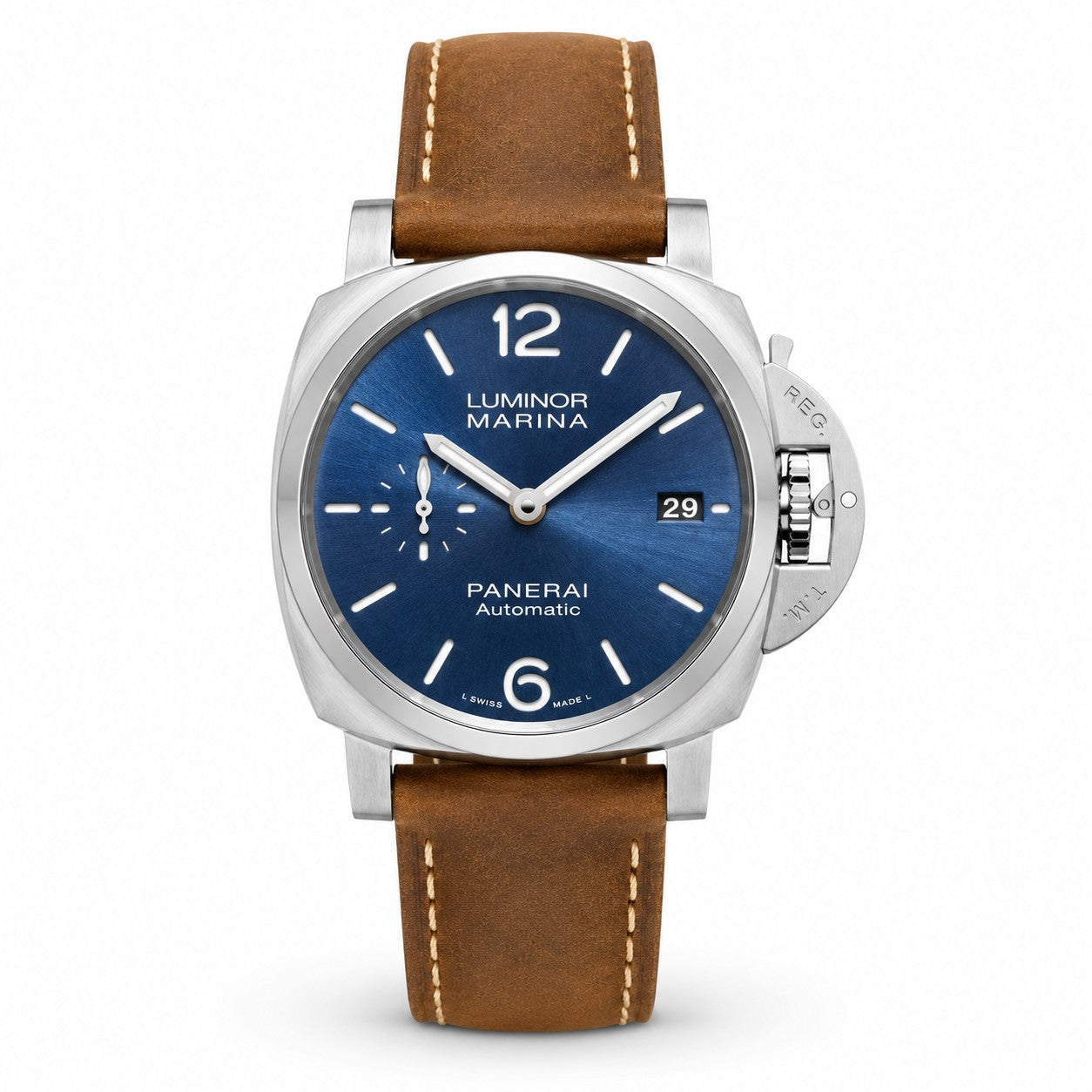 Panerai watch with blue dial and brown leather strap