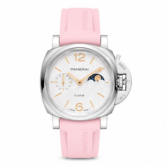Panerai Luminor Luna watch with a silver-tone case, white dial, moon phase display, and pink strap.