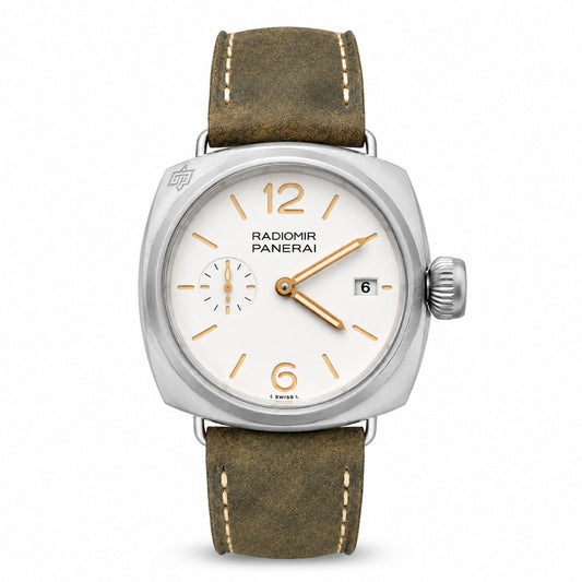 Panerai Radiomir watch with a white dial, gold-tone markers, small seconds subdial, date window, silver-tone case, and brown strap.