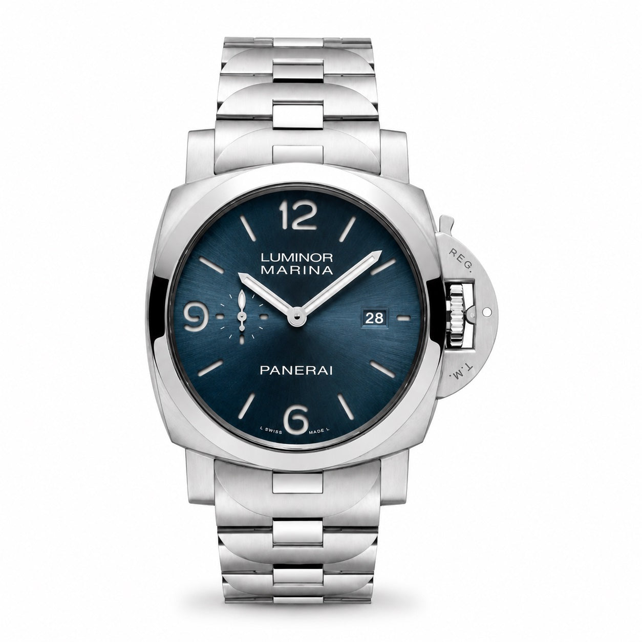 Panerai Luminor Marina watch with blue dial and silver metal bracelet