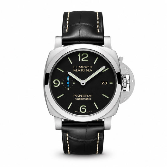 Panerai Luminor Marina watch with black dial and leather strap