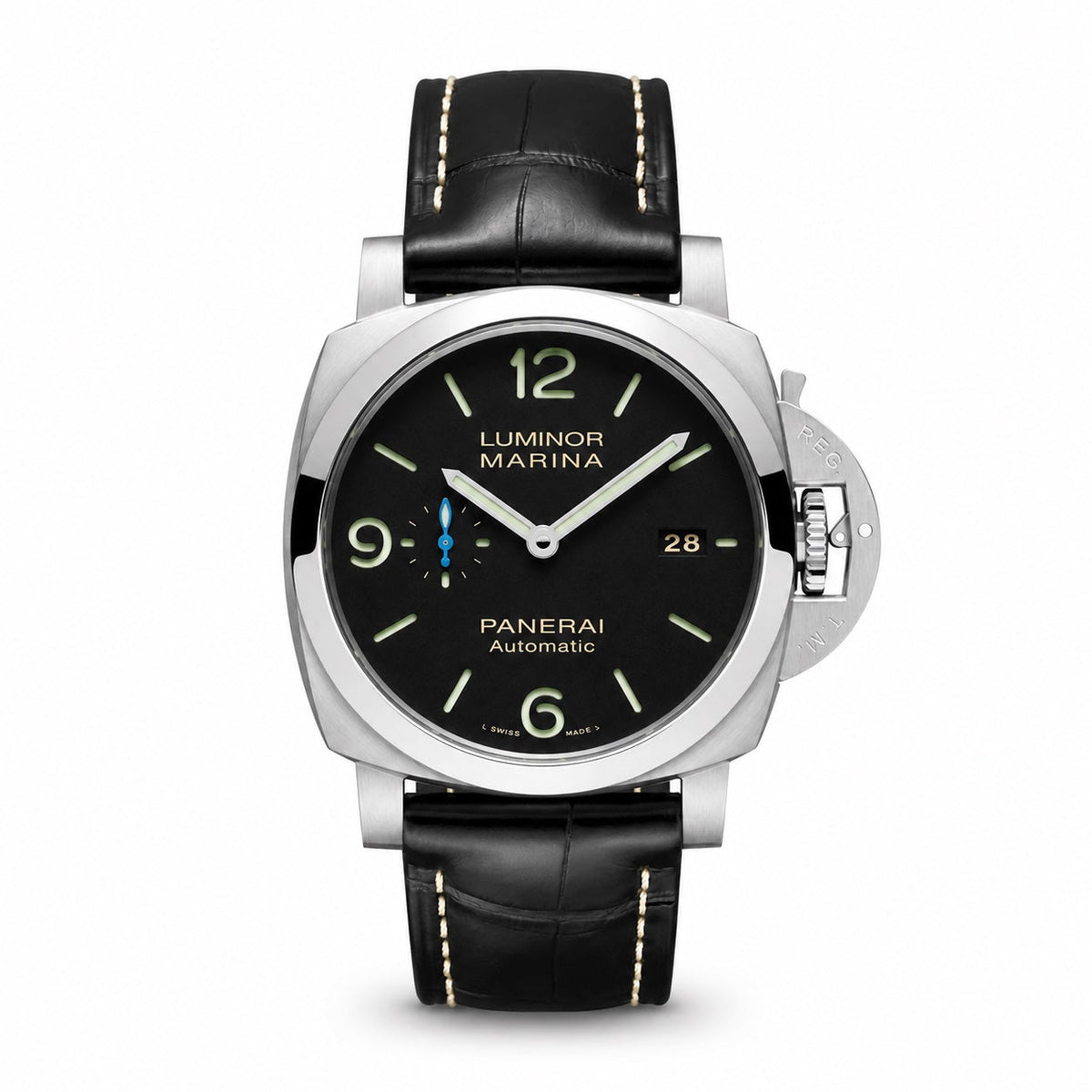 Panerai Luminor Marina Automatic watch with a silver-tone case, black dial, date display, and black leather strap.