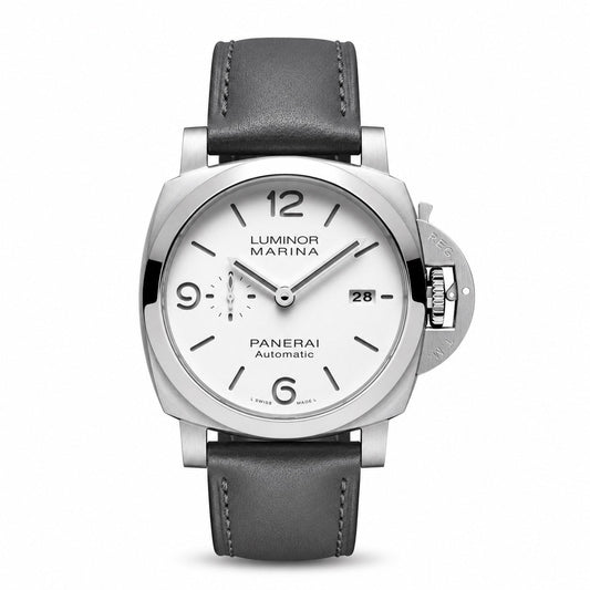 Panerai Luminor Marina Automatic watch with a silver-tone case, white dial, date display, and grey leather strap.