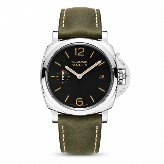 Panerai Radiomir watch with a black dial, gold-tone markers, date display, silver-tone case, and olive-green strap.