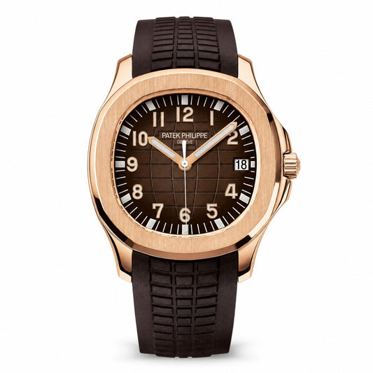 Patek Philippe Aquanaut watch with a brown patterned dial, rose gold-tone case, date display, and matching brown textured strap.