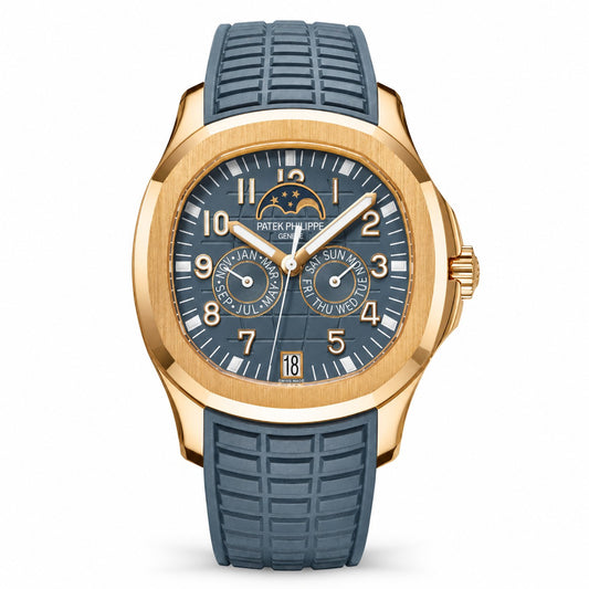 Patek Philippe Aquanaut watch with a blue dial, rose gold-tone case, moon phase display, calendar subdials, and blue textured strap.
