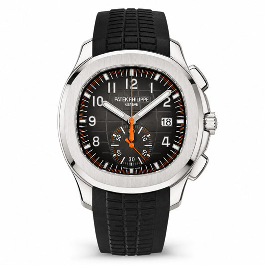 Patek Philippe watch with a black dial, silver-tone stainless steel case, and a black textured rubber strap.