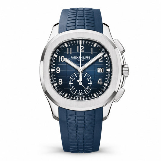Patek Philippe Aquanaut chronograph with a blue dial, date display, silver-tone case, and blue textured strap.