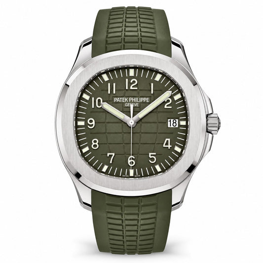 Patek Philippe Aquanaut watch with an olive-green patterned dial, silver-tone case, date display, and matching textured strap.