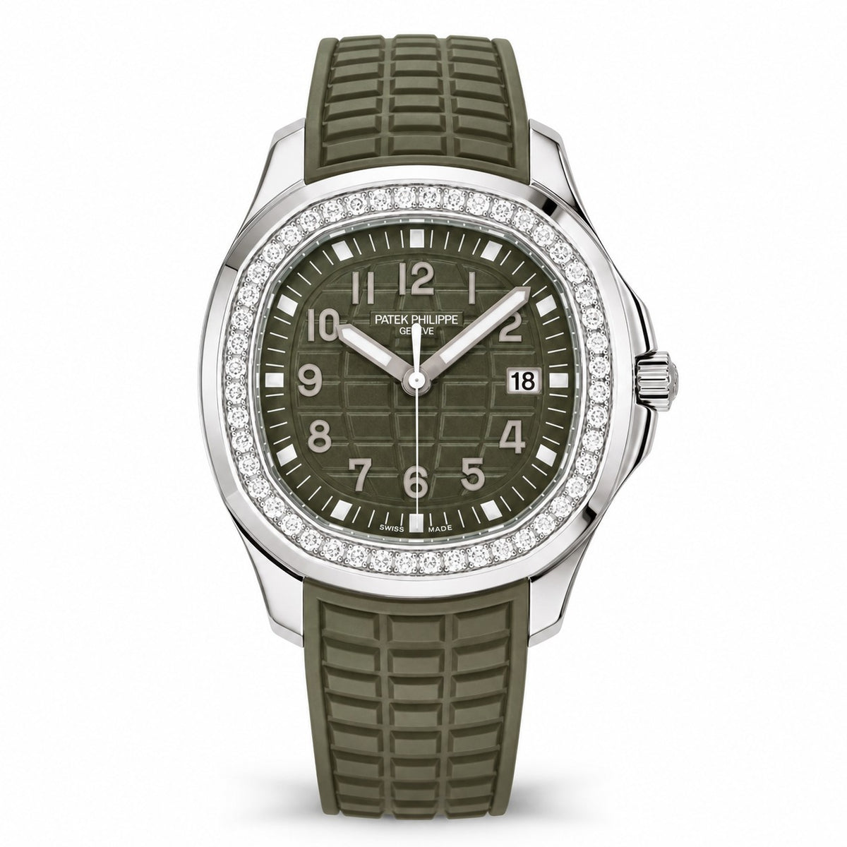 Patek Philippe Aquanaut watch with an olive green patterned dial, stone-set bezel, date display, and matching textured strap.