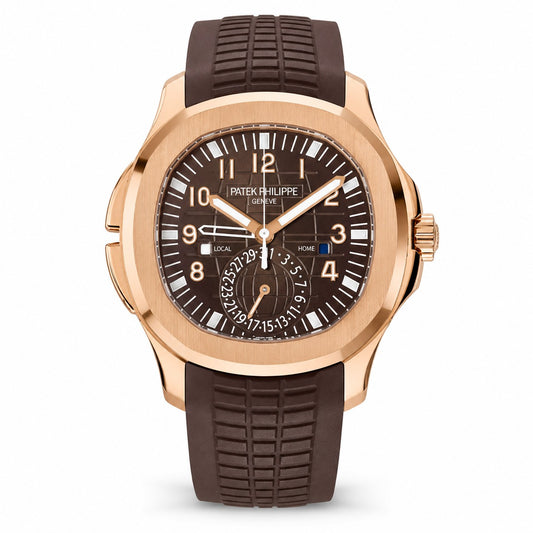 Patek Philippe watch with a rose gold case, dark brown dial, and a dark brown textured rubber strap.