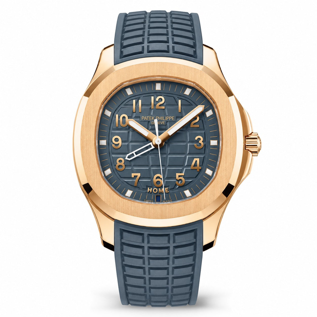 Patek Philippe Aquanaut watch with a blue patterned dial, rose gold-tone case, dual time display, and blue textured strap.