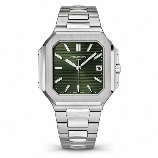 A Patek Philippe stainless steel watch with an octagonal bezel, a green sunburst dial.