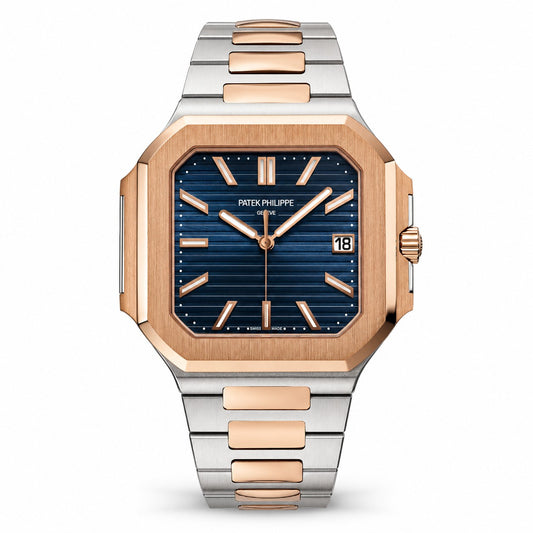 Patek Philippe octagonal analog watch with a blue sunburst dial, rose gold case and indices, and a two-tone stainless steel and rose gold link bracelet.
