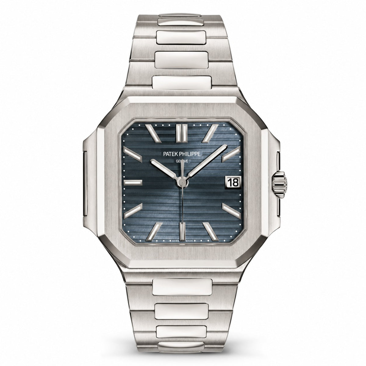 Patek Philippe Cubitus watch with a square silver-tone case, blue horizontally striped dial, date display, and matching metal bracelet.