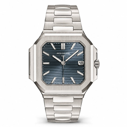 Patek Philippe Cubitus watch with a square silver-tone case, blue horizontally striped dial, date display, and matching metal bracelet.