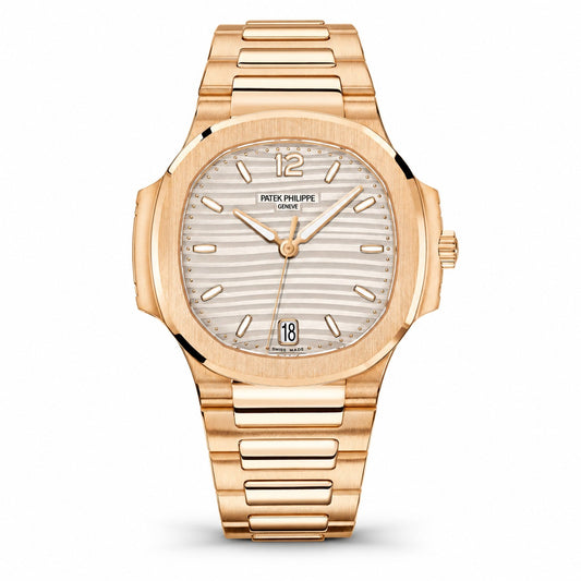 A wristwatch in rose gold, featuring a textured white dial with a date window and a matching rose gold link bracelet.