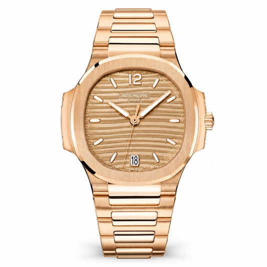 Patek Philippe Nautilus watch with a rose gold-tone case and bracelet, horizontally striped gold-tone dial, and date display.