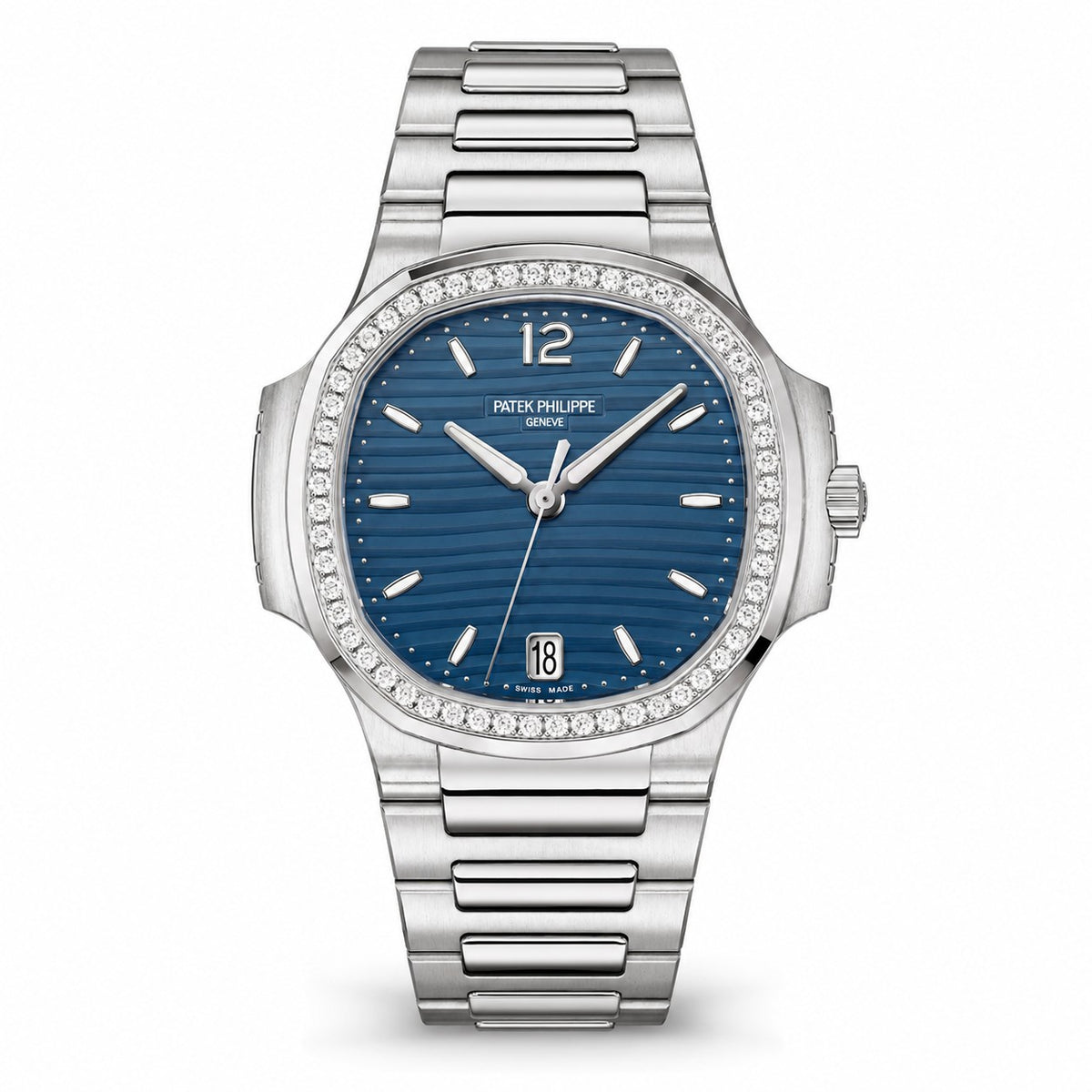 Patek Philippe Nautilus watch with a blue horizontally striped dial, stone-set bezel, date display, and silver-tone metal bracelet.
