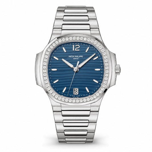Patek Philippe Nautilus watch with a blue horizontally striped dial, stone-set bezel, date display, and silver-tone metal bracelet.