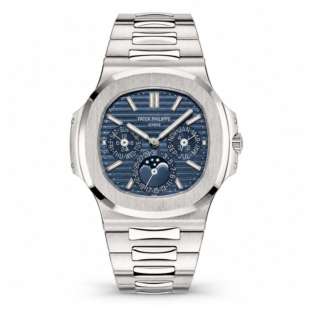 A Patek Philippe stainless steel perpetual calendar watch with a blue dial and integrated metal bracelet.