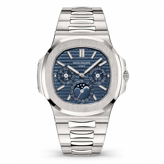 A Patek Philippe stainless steel perpetual calendar watch with a blue dial and integrated metal bracelet.