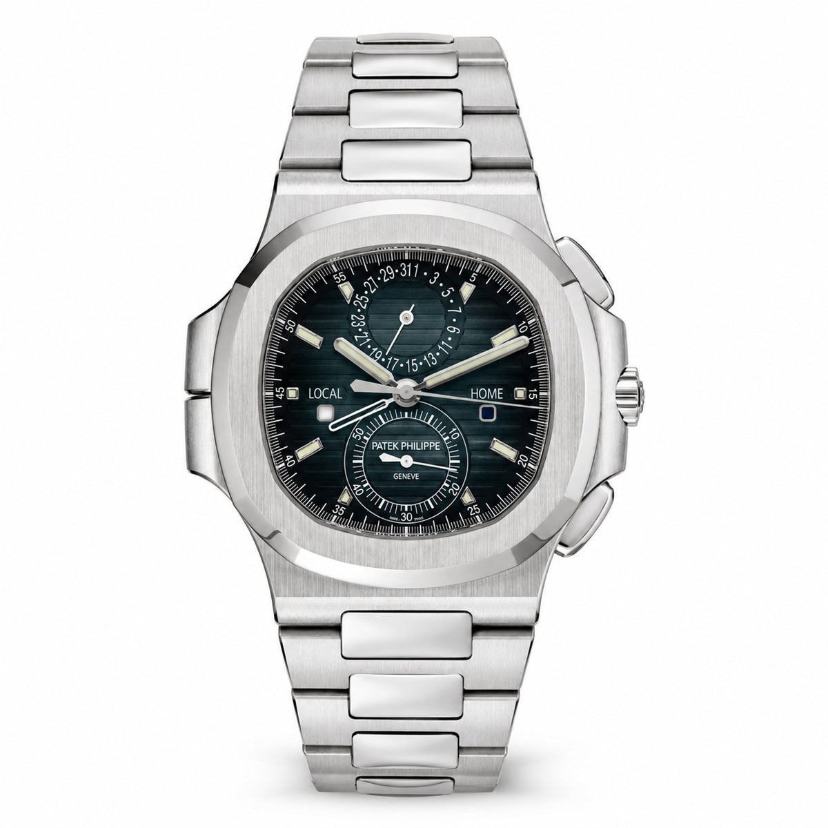 Patek Philippe Nautilus watch with a dark blue dial, dual time display, date subdial, and silver-tone metal bracelet.