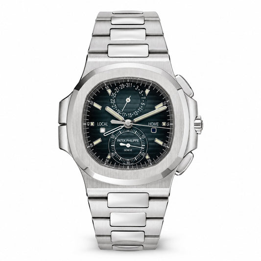 Patek Philippe Nautilus watch with a dark blue dial, dual time display, date subdial, and silver-tone metal bracelet.