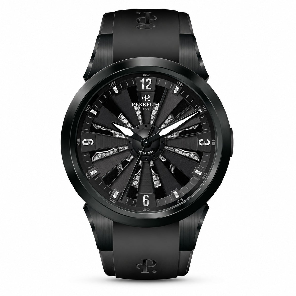 A wristwatch with a matte black case, black strap, and a black dial featuring silver-tone hands and crystal embellishments on the hour markers.