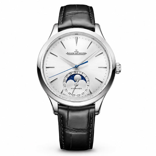 Luxury JAEGER-LECOULTRE Master-Moon Q1368438 watch with black leather strap and silver case