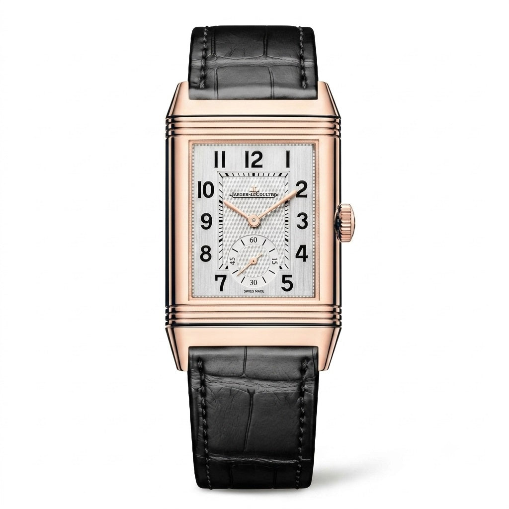 Luxury JAEGER-LECOULTRE Reverso Classic Duo Face watch with black leather strap and rose gold case 