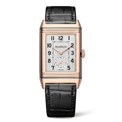 Luxury JAEGER-LECOULTRE Reverso Classic Duo Face watch with black leather strap and rose gold case 