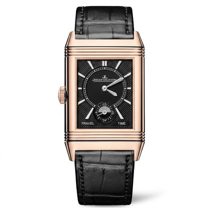 Luxury JAEGER-LECOULTRE Reverso Classic Duo Face watch with black leather strap and rose gold case 