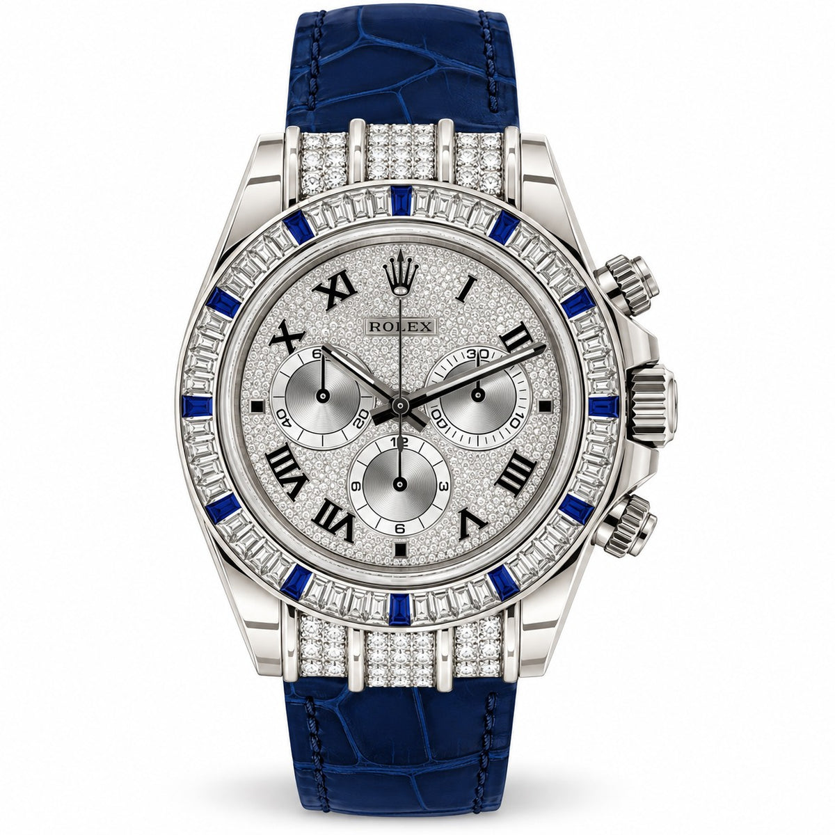 Rolex Daytona watch with a silver-tone stainless steel case, diamond pavé bezel and dial, Roman numeral hour markers, blue and white diamond accents, and a blue alligator leather strap.