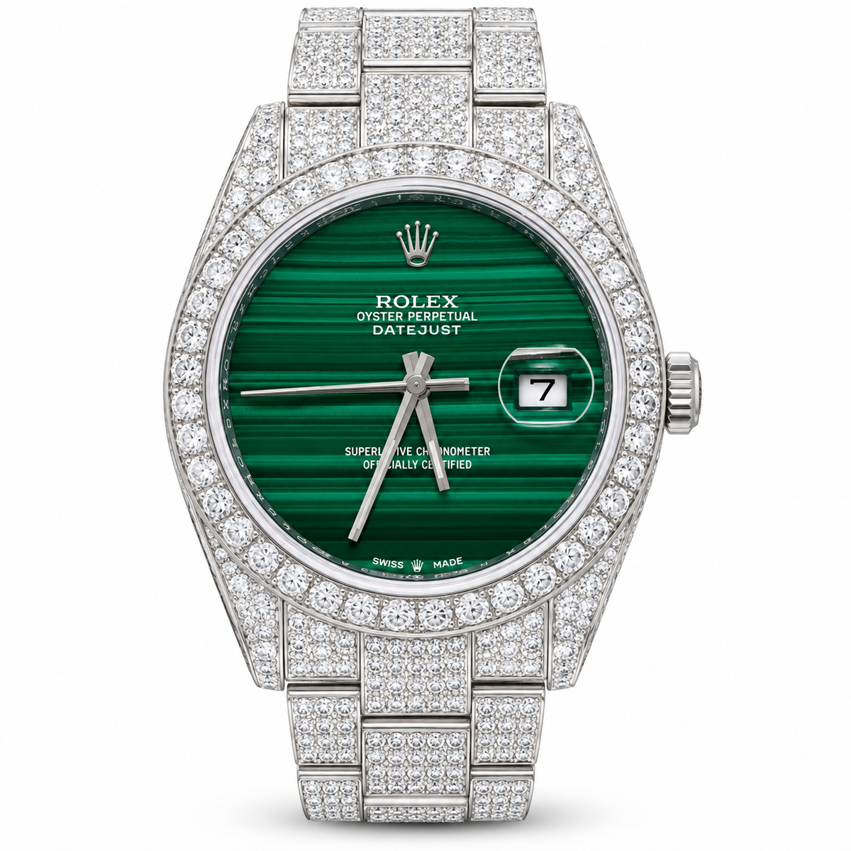 Rolex Oyster Perpetual Datejust wristwatch with a green malachite dial and a silver-toned case and bracelet paved with diamonds.