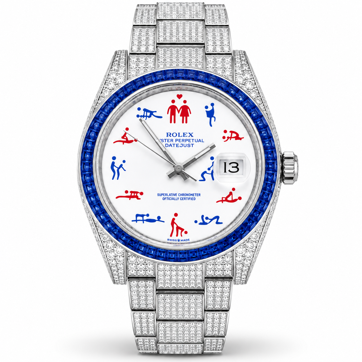 Rolex Superluxe Observatory Datejust watch with a white dial featuring red and blue iconography, a blue bezel, and a diamond-encrusted silver-tone Oyster bracelet.