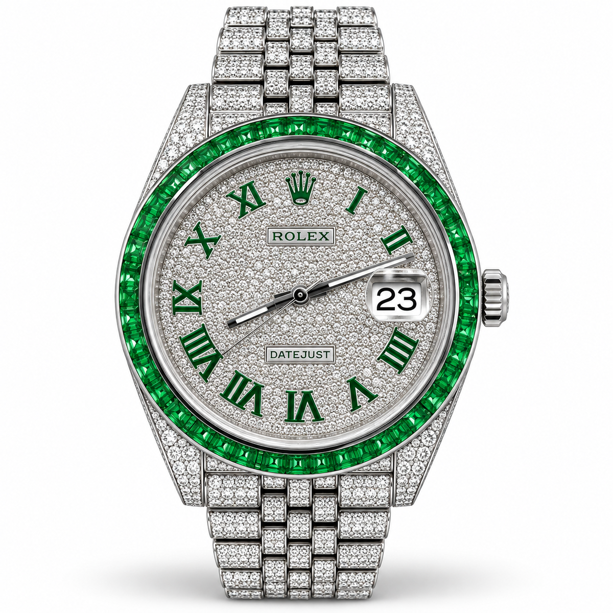 Rolex Datejust watch with a silver-tone metal case and bracelet paved with diamonds, featuring a diamond dial with green Roman numerals and a green bezel accented with emeralds.