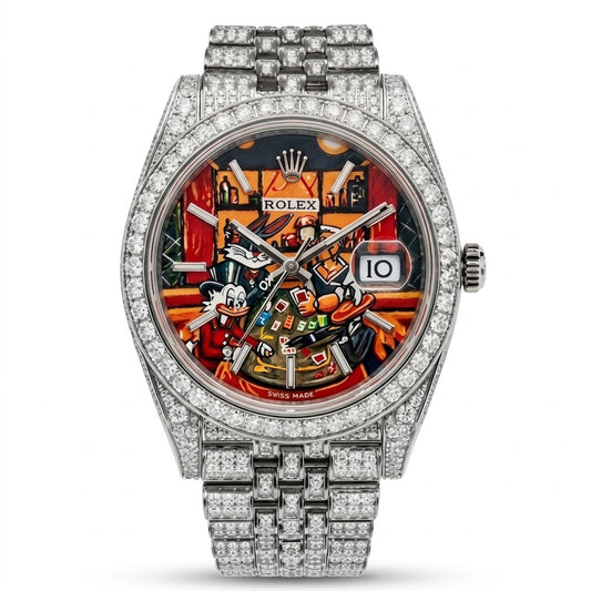 Rolex Datejust watch with a heavily paved silver-tone Oyster bracelet and bezel, featuring a highly detailed, colorful cartoon character dial.