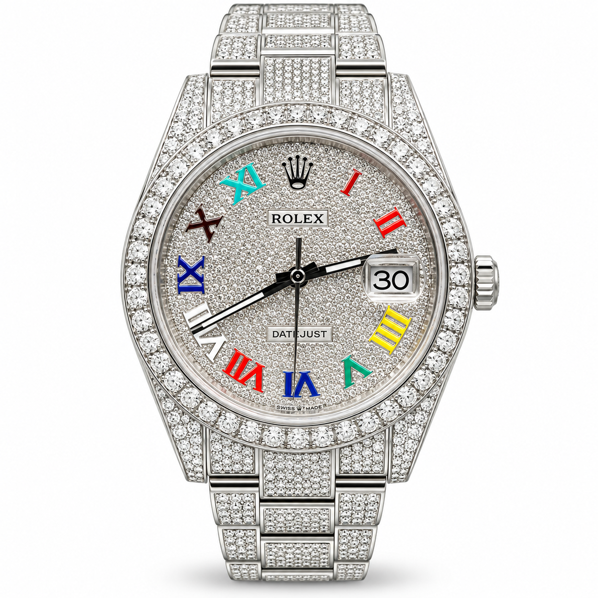 A Rolex Datejust watch with a silver-tone diamond-encrusted case and bracelet, featuring a textured silver dial with colorful Roman numerals and a date window at 3 o'clock.