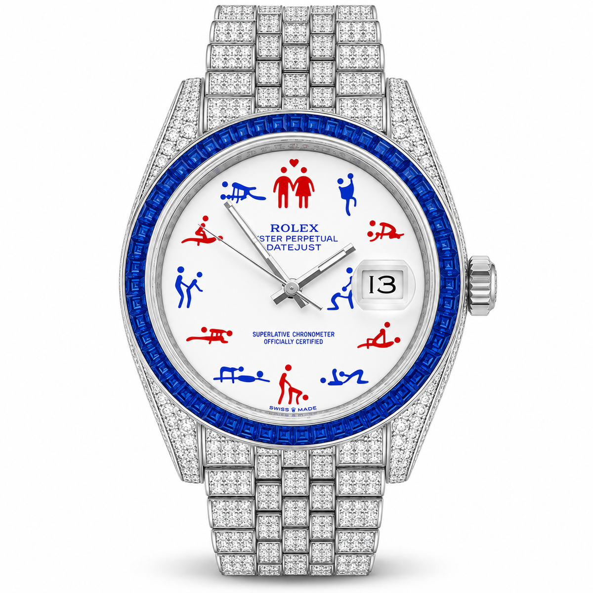 Rolex Day-Date Perpetual Datejust watch with a white dial featuring red and blue Olympic-style athlete icons, a blue bezel, and a diamond-encrusted stainless-steel bracelet.