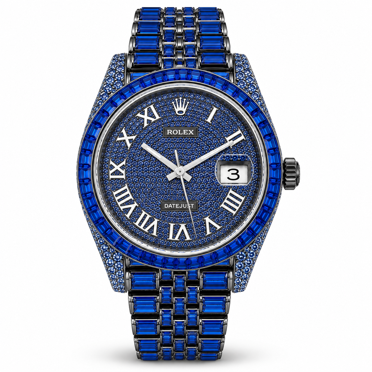 Rolex Datejust watch with a blue dial, blue bezel, and blue baguette bracelet set in silver-tone metal.