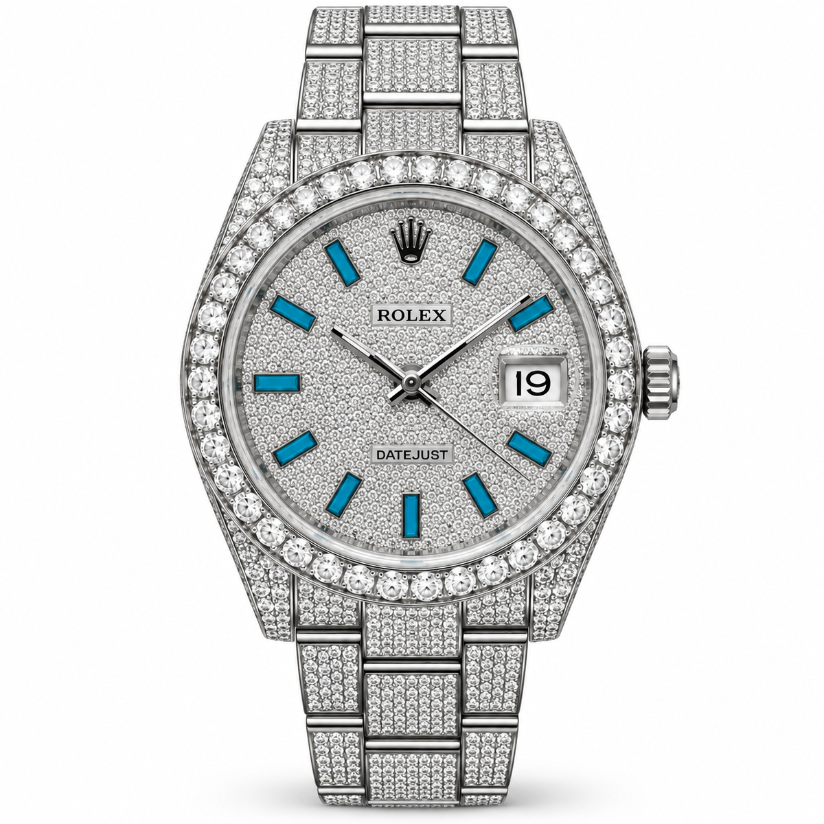A Rolex Datejust watch with a silver-tone metal case and bracelet paved with diamonds, featuring a textured silver dial with bright blue hour markers and a date window at 3 o'clock.