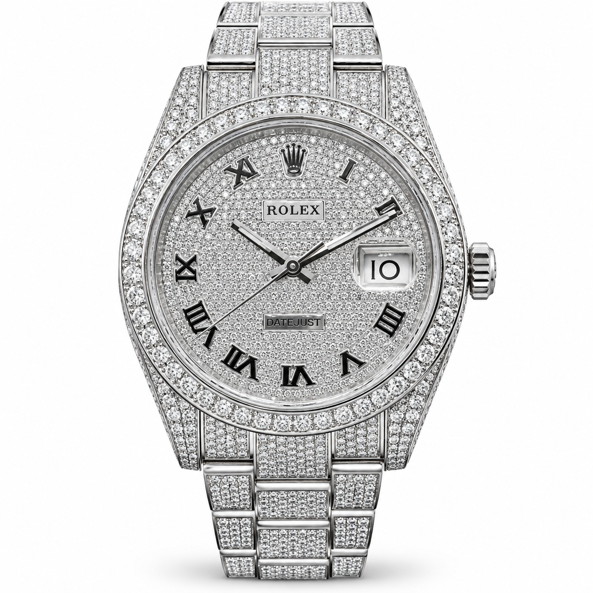 A Rolex Day Date watch fully paved with diamonds, featuring a silver-toned Oyster bracelet and case, Roman numeral hour markers, and a date window at 3 o'clock.