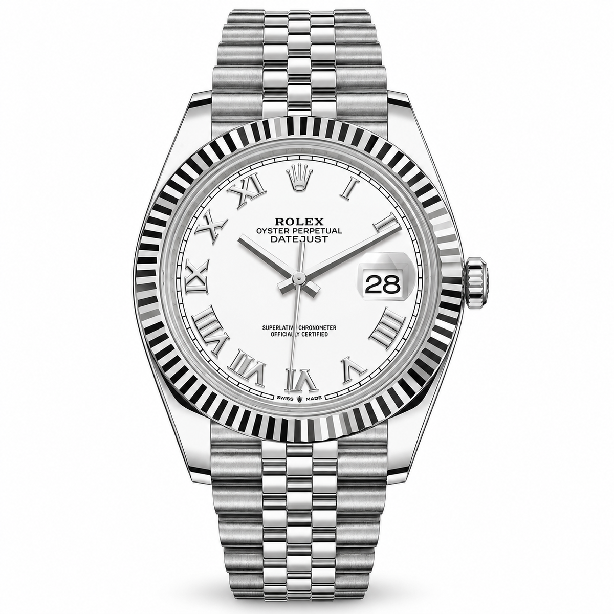Rolex Oyster Perpetual Datejust watch with a silver stainless steel Oyster bracelet, fluted bezel, and white dial with Roman numerals and a date window.